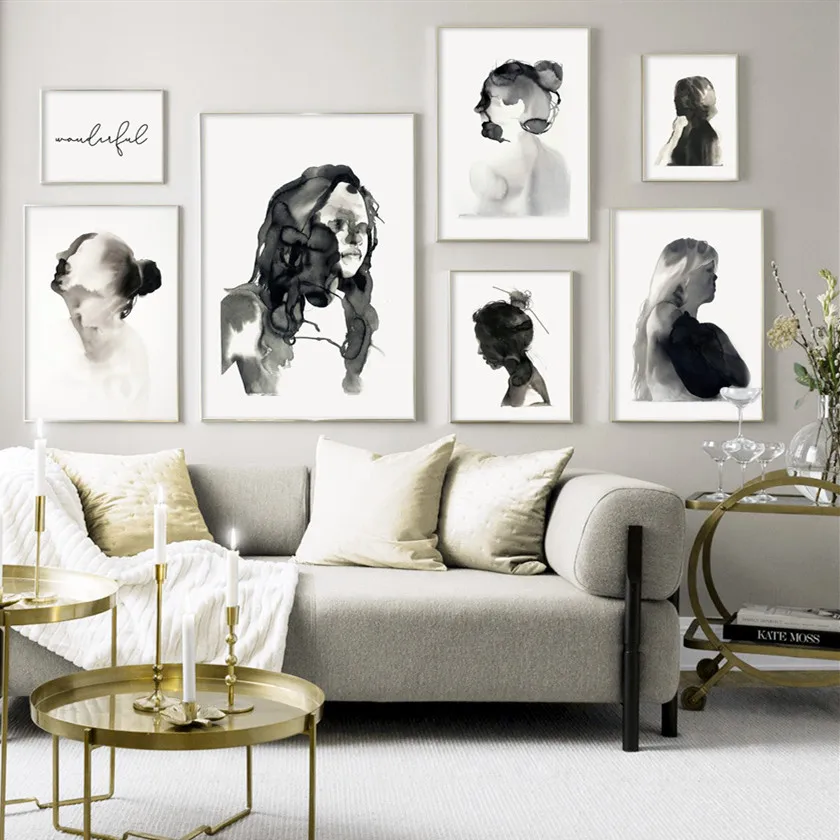 Черные белые чернила длинные волосы девочка абстрактное искусство холст