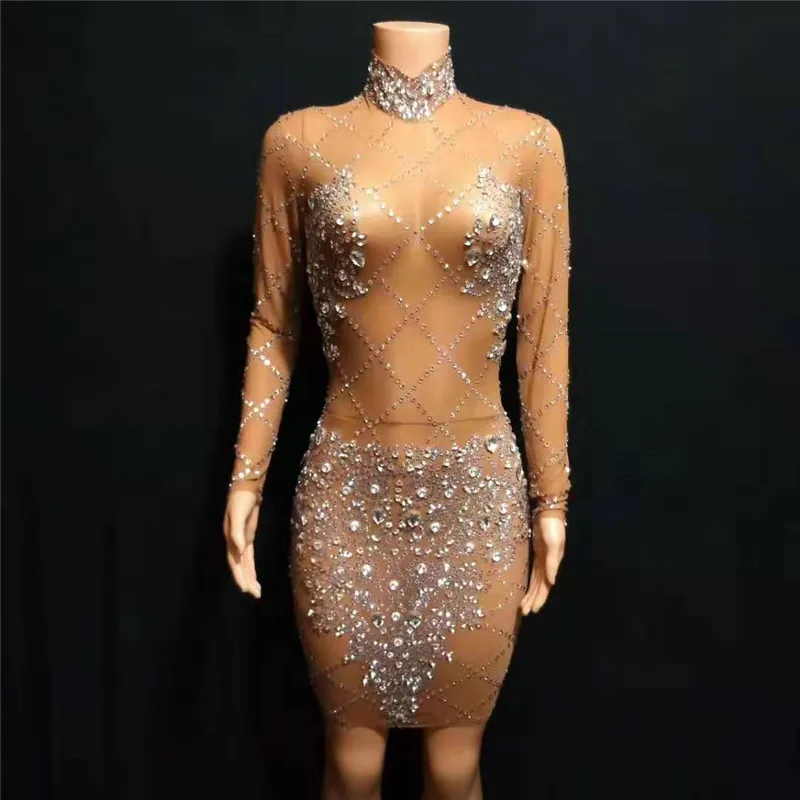

T36 Singer stage dance costumes ballroom perform female see through dress rhinestons hip skirt elastic stretch outfit diamonds