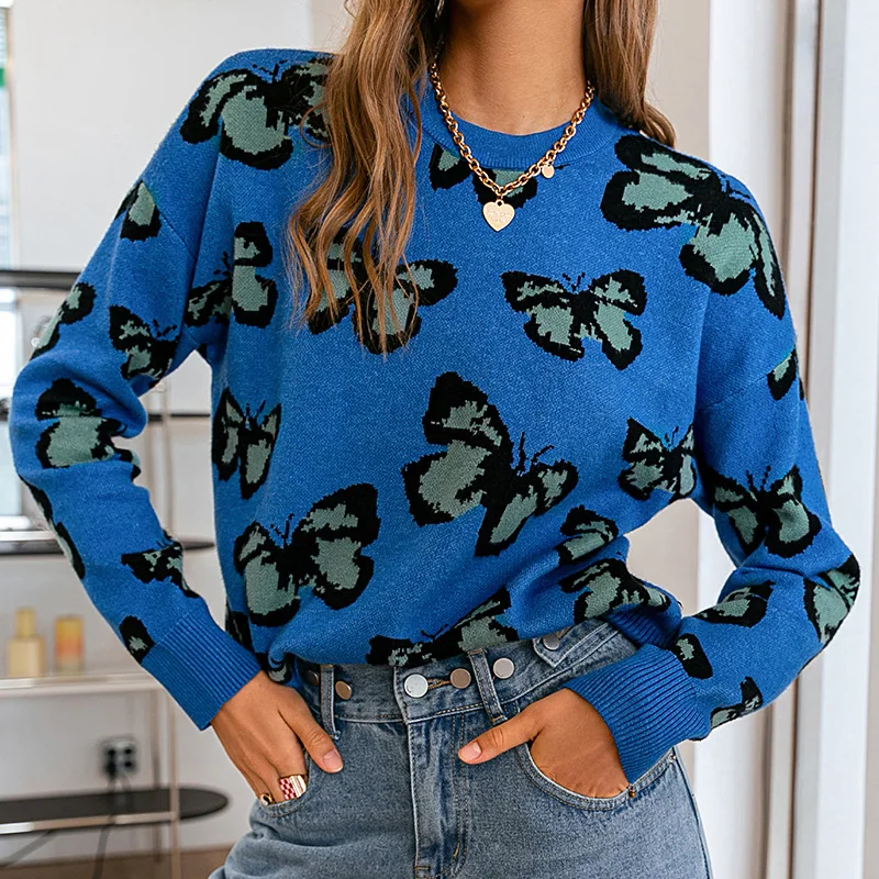 

GypsyLady Butterfly Vintage Knitted Sweater Pullover Spring Autumn Women Sweaters O-neck Casual Slim Ladies Female Woman Jumpers