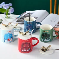 nordic style ceramic milk juice tea mugs cartoon christmas coffee cups with cover spoon cute office home drinkware holiday gifts