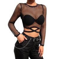 new sexy thin o neck short bottoming top sexy mesh shiny long sleeved t shirt ladies spring transparent club party black t shirt