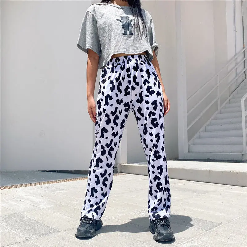

QWEEK Hip Hop Milk Cow Pants Women High Waist Wide Leg Pants for Women Loose Streetwear Women Trousers