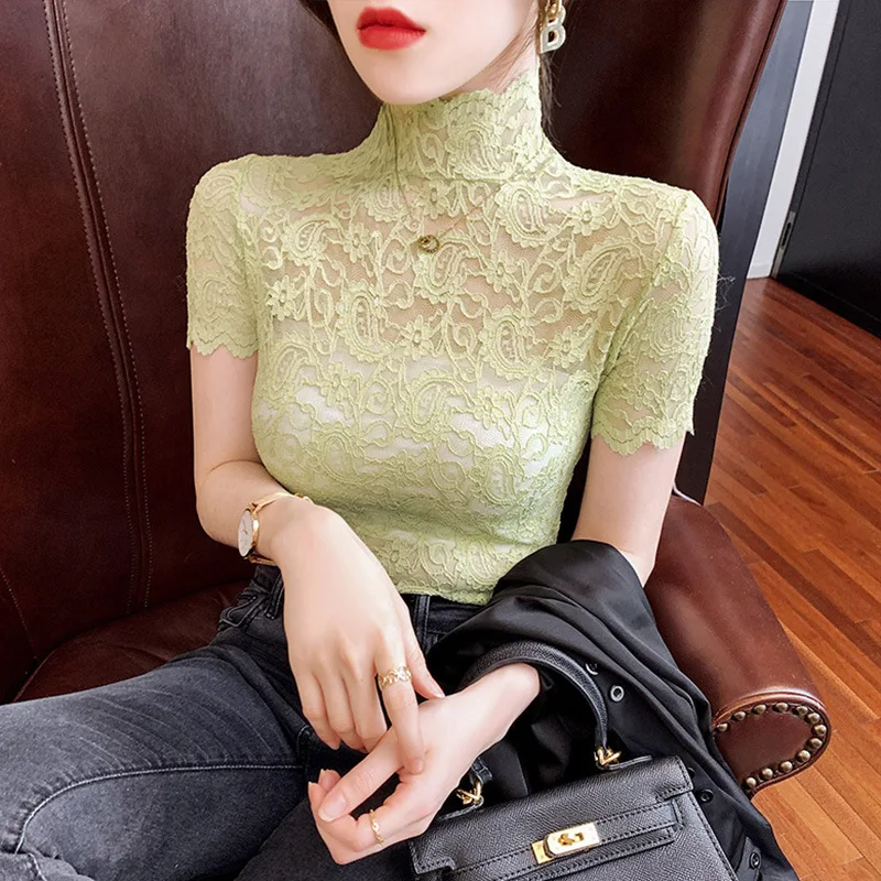 

Summer Sexy Sheer Shirt Women Fashion Vintage Lace Details Tops Casual Female Luxury Sexy High Stand Neck Collar Mujer Camisa