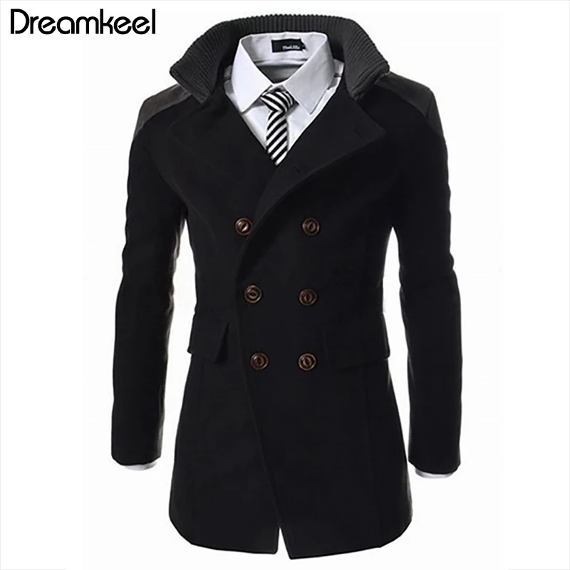 Мужской двубортный Тренч теплая зимняя Длинная Верхняя одежда на пуговицах