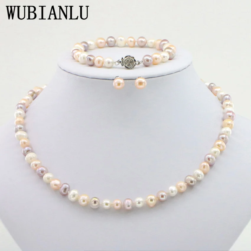 WUBIANLU, 4 цвета, 7-8 мм, розовое жемчужное ожерелье, браслет, серьги, наборы, Женские Ювелирные изделия, дизайн, модный стиль, подарок для девушек
