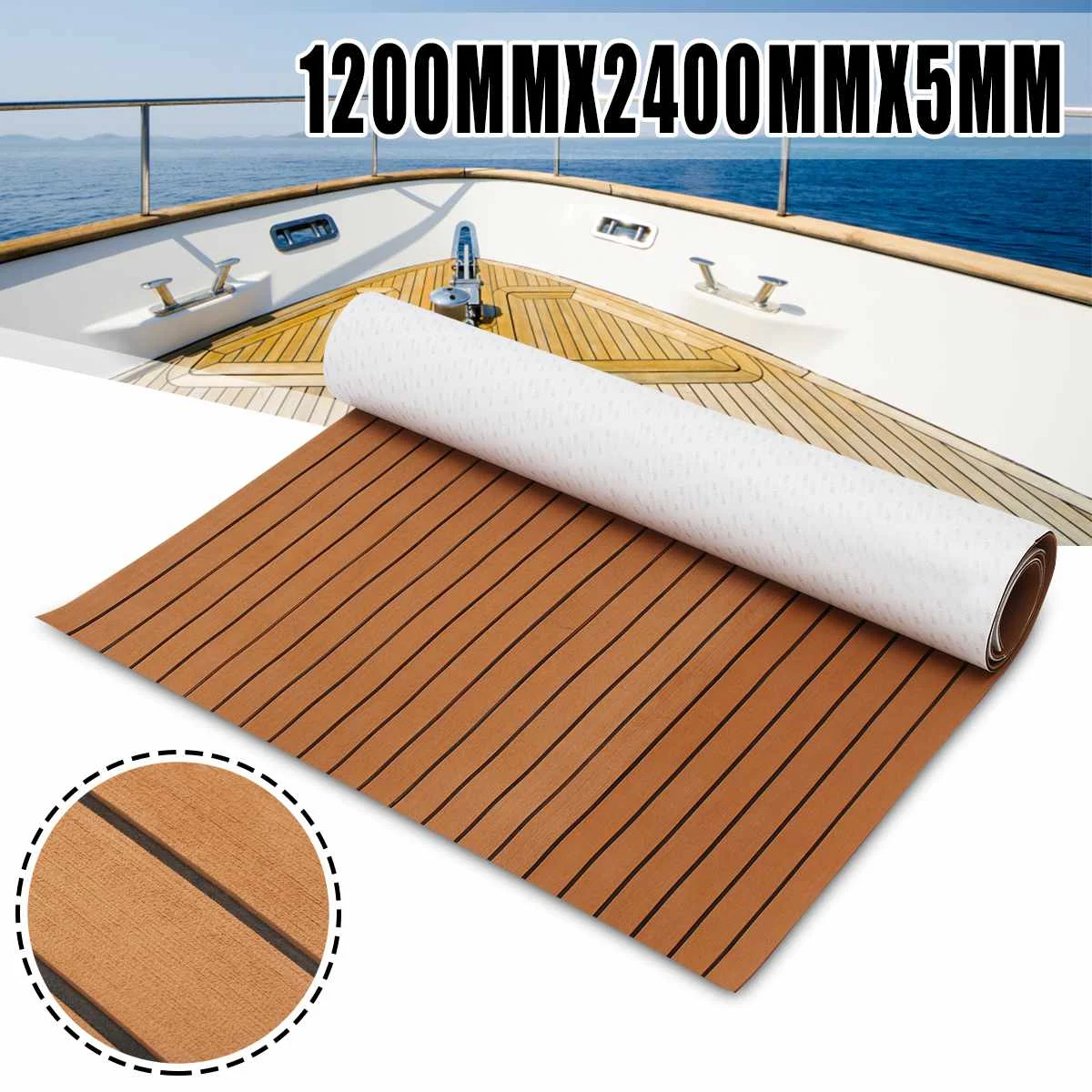 

240cm Self-Adhesive EVA Foam Decking Sheet Faux Teak Synthetic Boat Marine Flooring Sheets Anti-Skid Brown Gray Black Striped