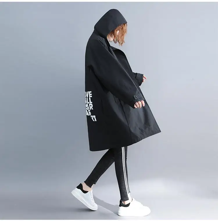 Большие размеры длинный плащ с капюшоном 5XL 6XL модное пальто с буквенным принтом ветровка повседневное пальто оверсайз для женщин одежда
