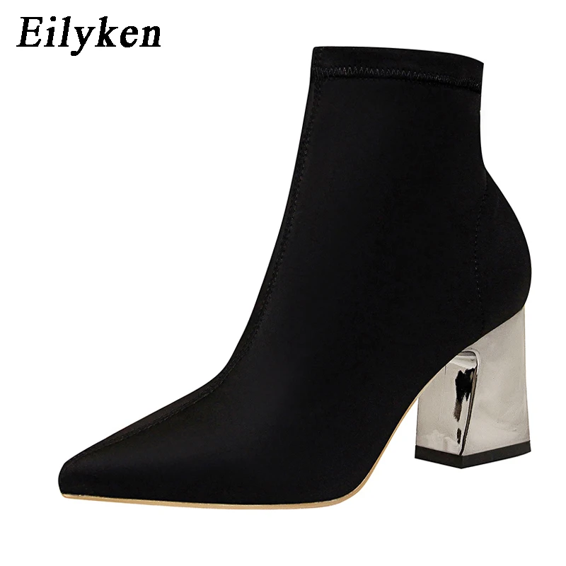 Black EilyKen/высококачественные ботильоны с острым носком на высоком каблуке; Офисная Женская обувь; зимняя женская теплая короткая плюшевая обувь на квадратном каблуке - Цвет: Black