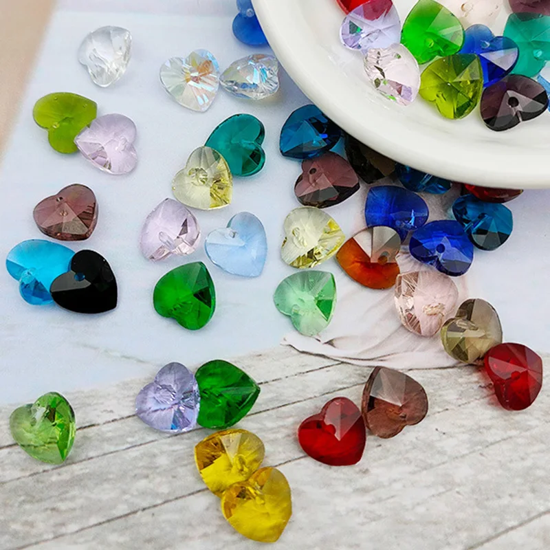 20pcs Heart Shape 10mm Faceted Crystal Glass Top Drilled Loose Pendants Beads for Jewelry Making DIY Crafts Findings