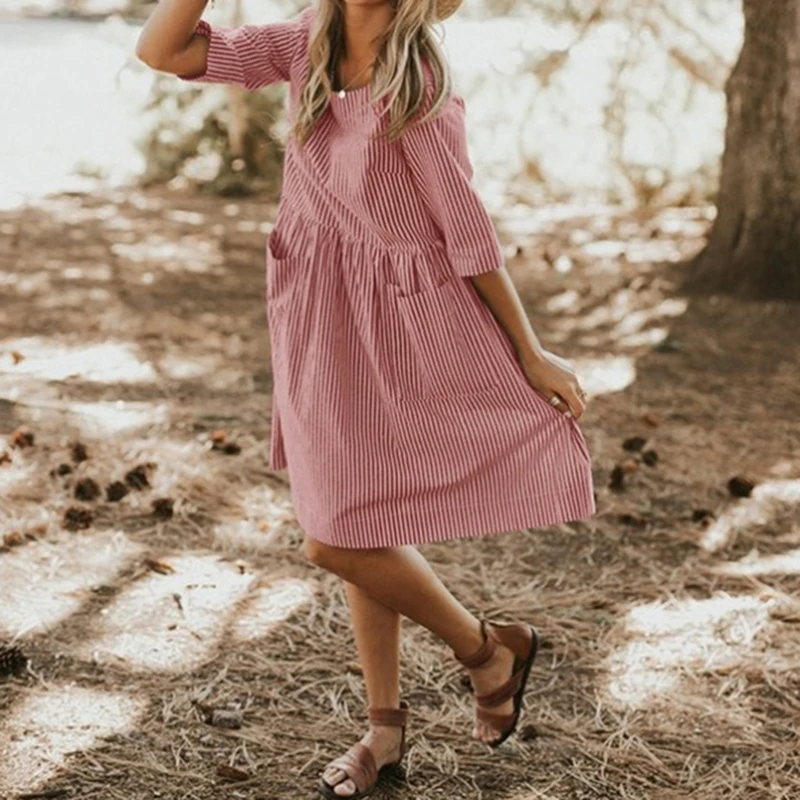 Повседневное платье рубашка с круглым вырезом женское летнее коротким рукавом и