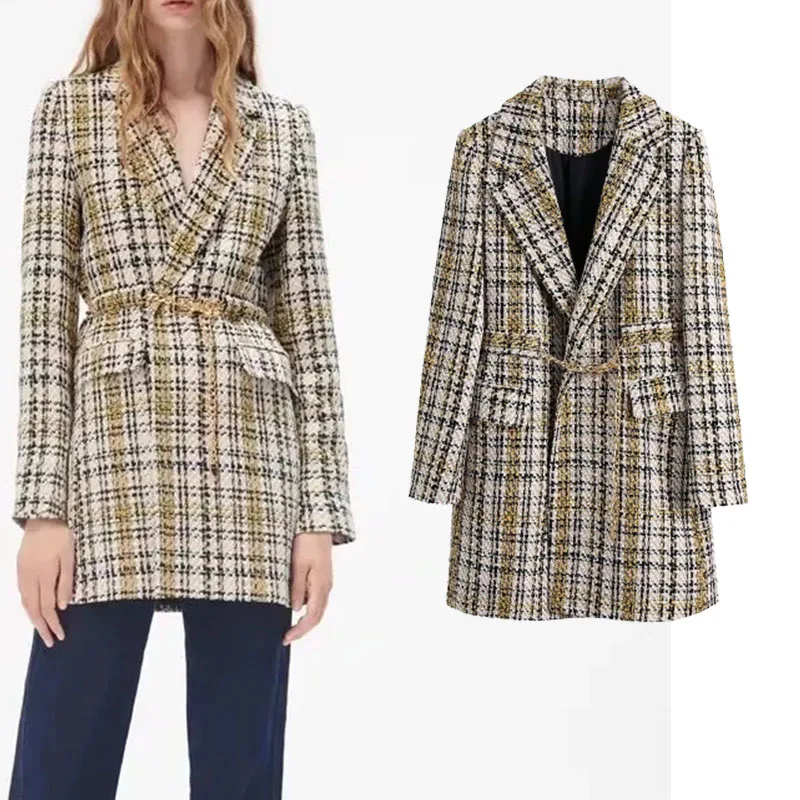 

Xypskh Za Женская мода с золотой цепочкой полосатый пояс шероховатые цветы пальто Винтажное с длинным рукавом карманы женская верхняя одежда ш...