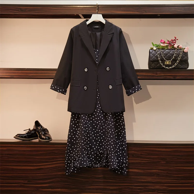 New Spring Autumn Plus Size Dress Suits Women Loose Dots Ruffles Sling Double Bressted Blazer Coat Solid jacket dress M794 | Женская