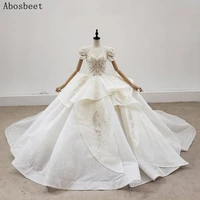 puff short sleeve wedding dress 2021 plus size elegant pearls top bridal gown 150cm train ivory robe mariee shining sequins lace