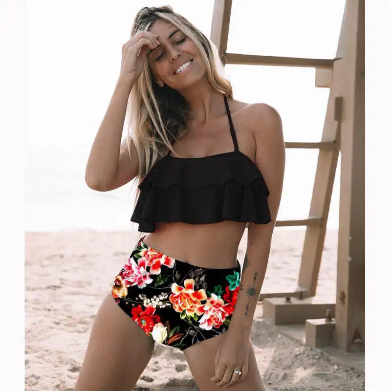 Женские купальники из двух частей топ с оборками и высокой талией комплект