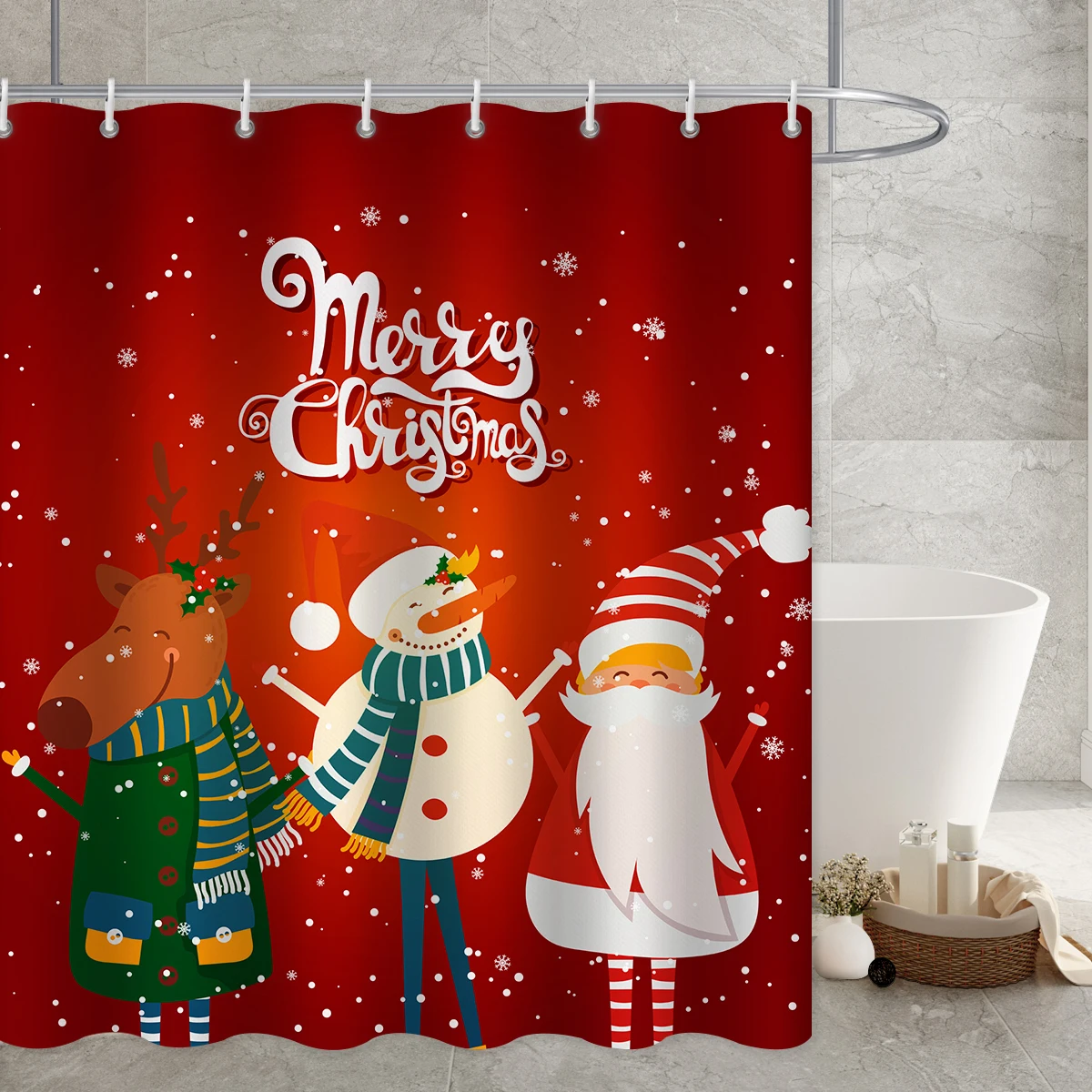 Santa Claus Moose Series Long Shower Curtain Christmas Festive Waterproof Duschvorhang Bathroom Curtains with Hooks Rail Liner