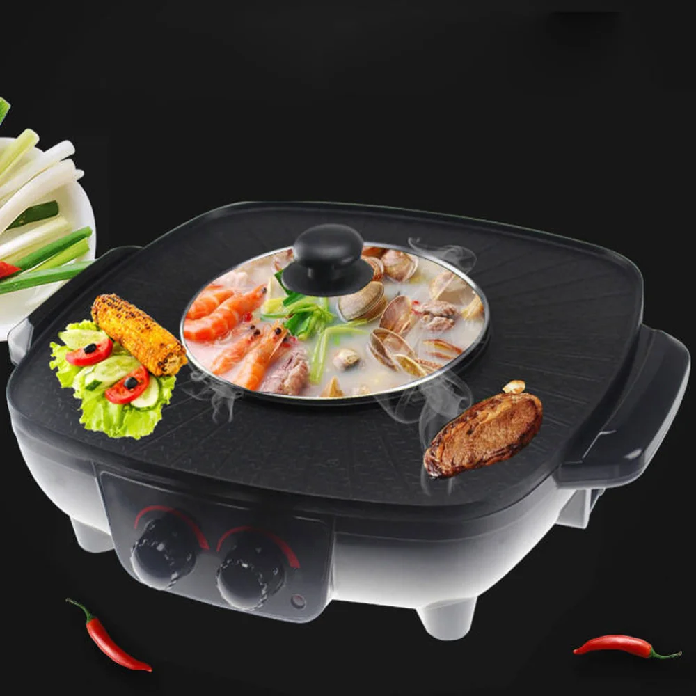 

Double Control Roasting Pot Electric Barbecue Hotpot Oven Grill Teppanyaki Smokeless Hot Pot Machine BBQ Black Pot with Triangle