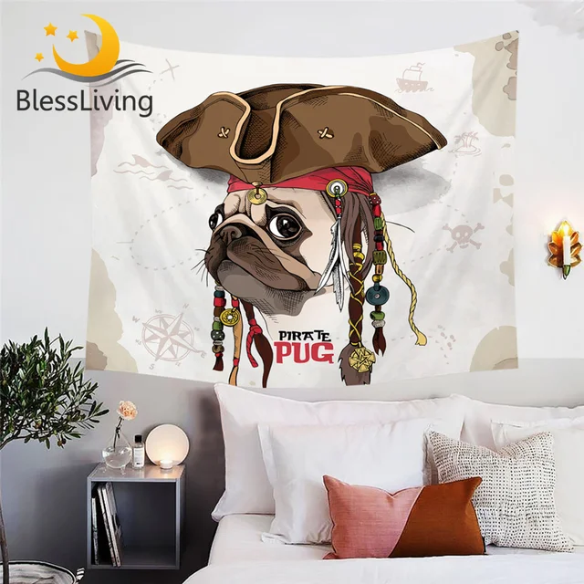 BlessLiving Pirate Pug Tapestry Cartoon Dog Wall Carpet for Kids Brown Bedroom Decoration Cool tapiz 150x200cm Wall Hanging 1