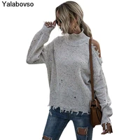 high neck autumn knitted sweater womens 2021 fashion ladies wear tops and tees loose shoulder hole long sleeve