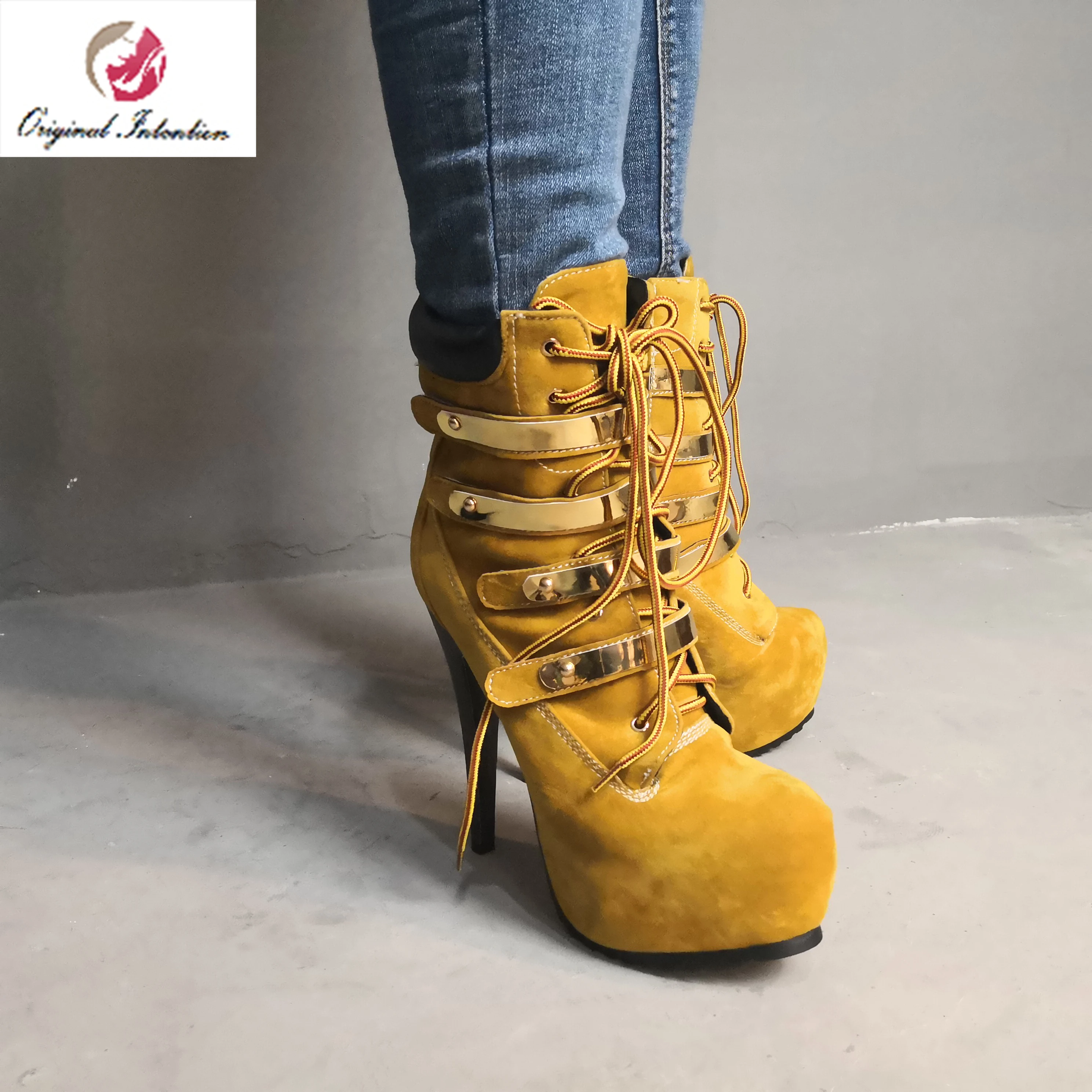 

Original Intention Sexy Stiletto High Heels Ankle Boots Women Winter Platform Round Toe Flock Yellow Shoes Woman Size 4-15