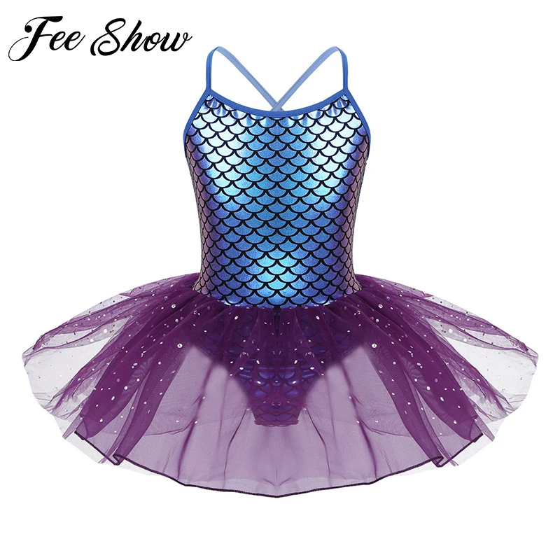 Детское балетное платье-пачка без рукавов с блестками и принтом в виде чешуи