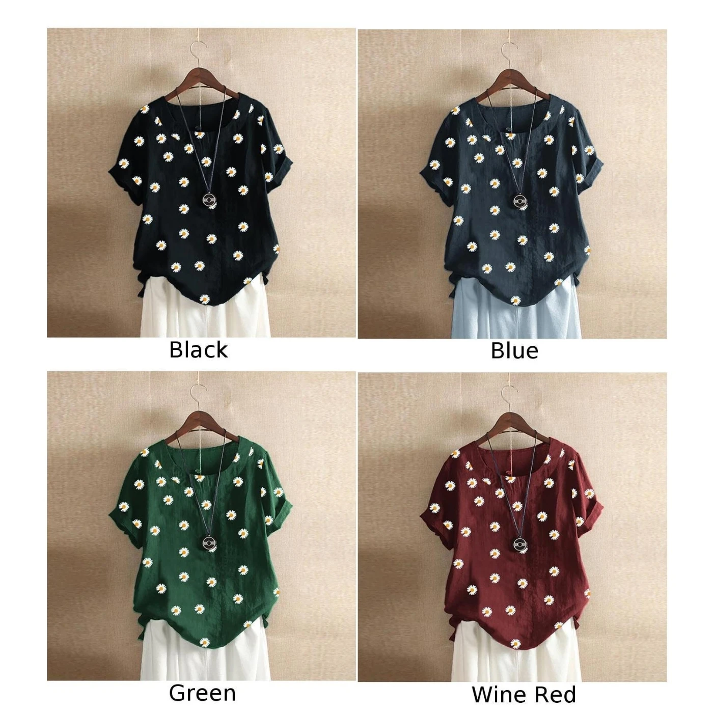 

Women Shirts Cotton Linen Loose Daisy Printed Tops Baggy Shirt Round Neck Short Sleeves Blouses And Tops Summer Clothes Casual