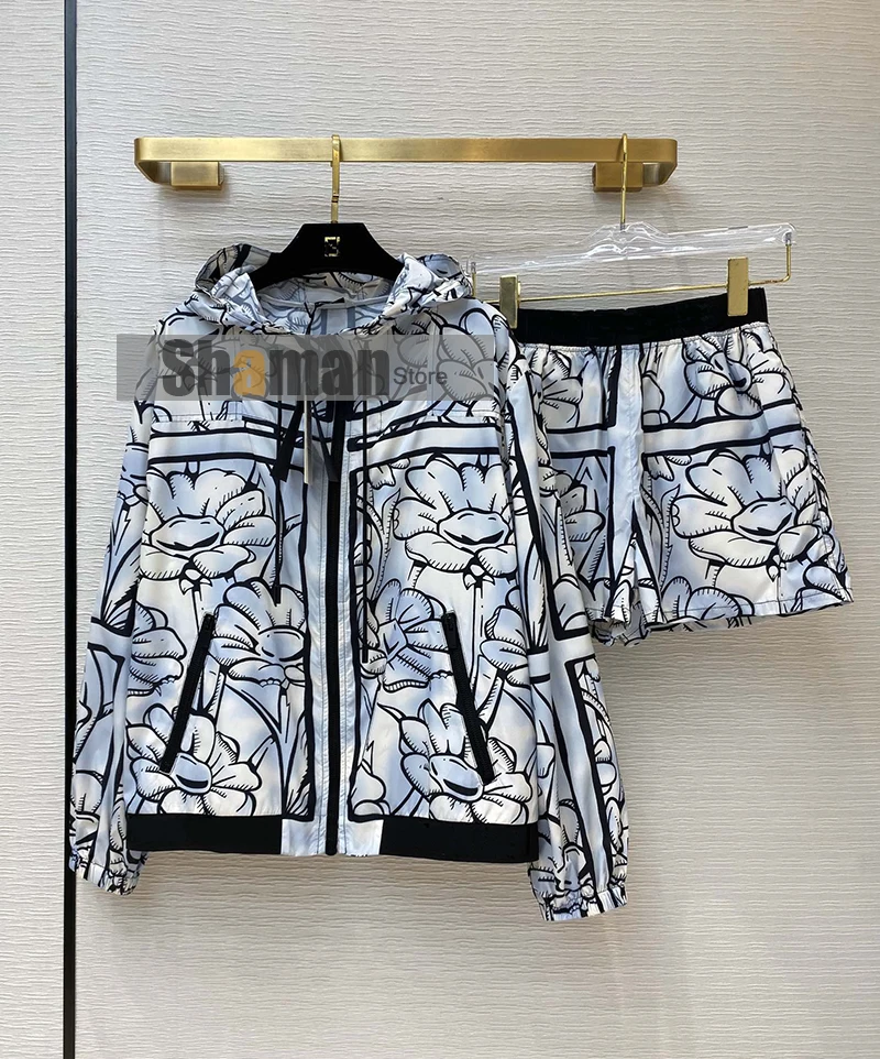 

Luxury Designer 2021 Spring Two Piece Set Outfits for Women Clothes Flat Print Windproof Jacket and high waist Casual Shorts S-L