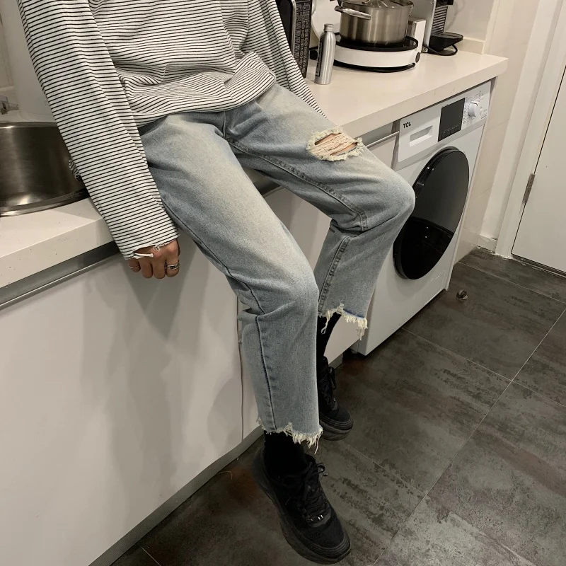 Мужские облегающие эластичные джинсы с дырками повседневные брюки синего цвета