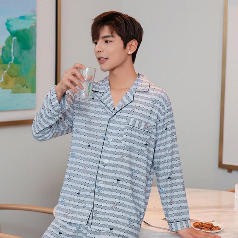 Осенне-зимняя пижама из 100% хлопка для мужчин спальная одежда отдыха пижамы синее