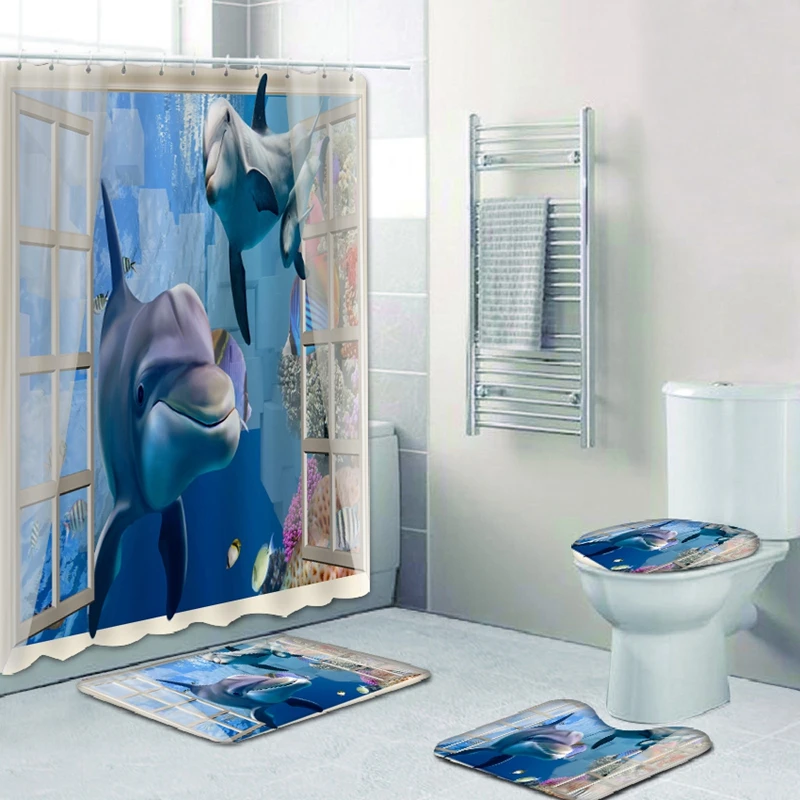 Европейские занавески для ванной комнаты с изображением дельфина и цветов, водонепроницаемые занавески для ванной, фланелевые коврики для ...