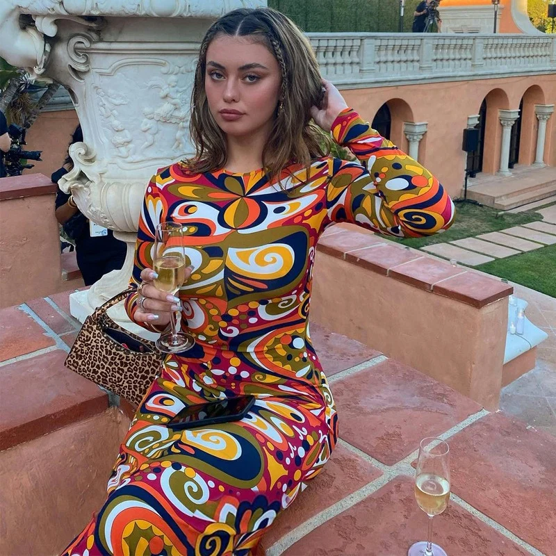 

Europe and the United States ins2021 fall explosive new irregular print long-sleeved fashion casual dress dress