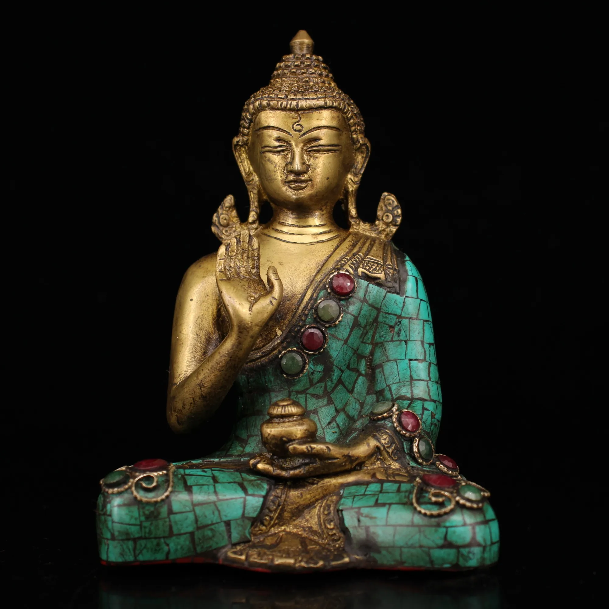 

Коллекция тибетских старых медных инкрустированных драгоценных камней ручной работы, окрашенные и окрашенные золотые, статуя Будды Шакьям...