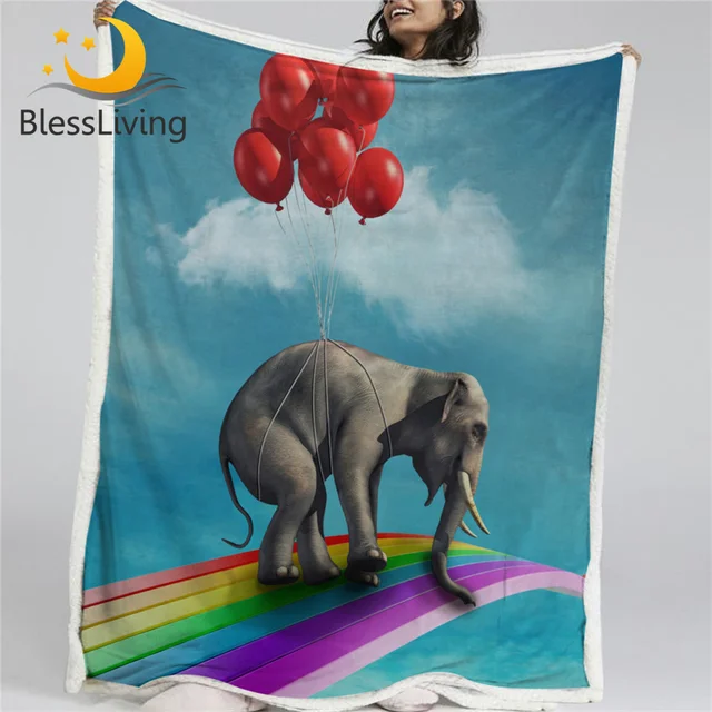 BlessLiving 3D Blanket Elephant Riding Balloons Rising Sherpa Fleece Blanket Rainbow Cute Kids Bed Couch manta Sky Blue Bedding 1