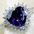 Женское кольцо с большим фиолетовым сердечком, Винтажное кольцо серебряного цвета с инкрустацией из фианита, вечерние Обручальные кольца для влюбленных