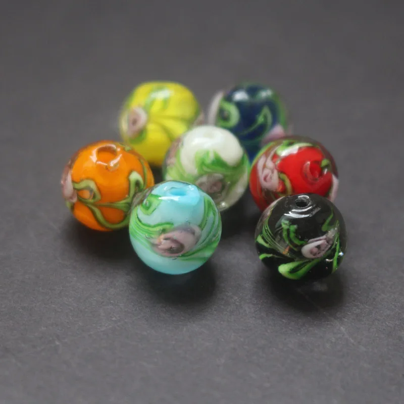 Стеклянные бусины ручной работы 12 мм 10 шт. цветок с зеленым листом смешанные