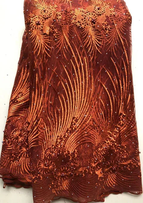 Жженые оранжевые камни кружевные ткани высокого качества африканский кружевной