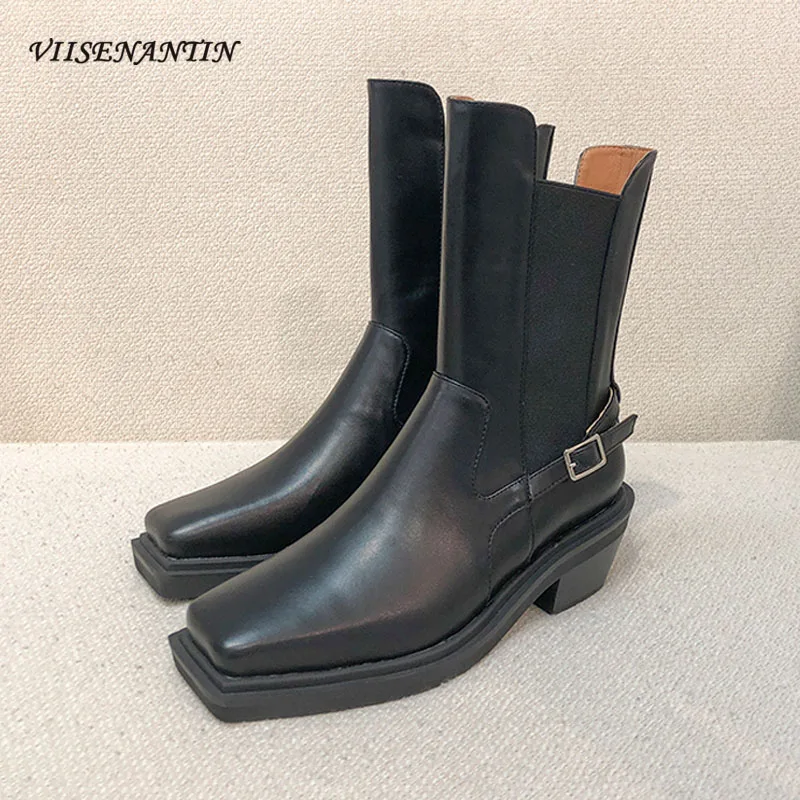 

Женские ботильоны челси в британском стиле, черные короткие ботинки с квадратным носком, на толстом каблуке, с ремешком и пряжкой, с декорат...