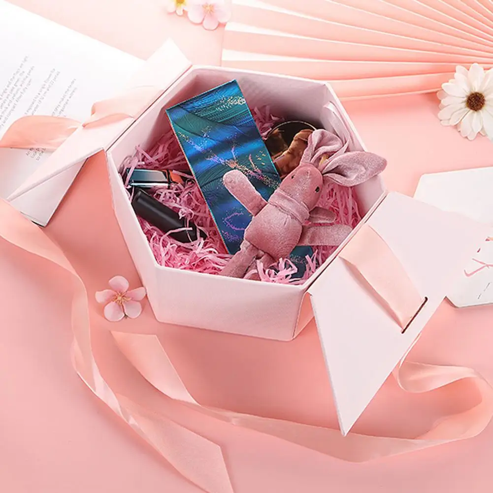 Подарочная коробка с лентой шестигранная бумажная цветами чехол милым кроликом