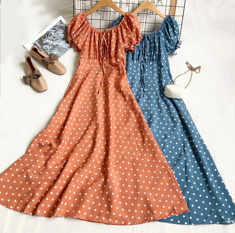 

Элегантное пляжное платье с винтажным принтом, Новинка лета 2021, милое приталенное праздничное платье миди в горошек с вырезом лодочкой и пы...