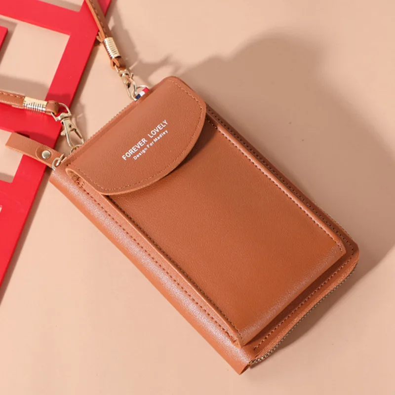 

Women Purses Solid Color Leather Shoulder Strap Bag Mobile Phone Big Card Holders Wallet Handbag Pockets for Girls