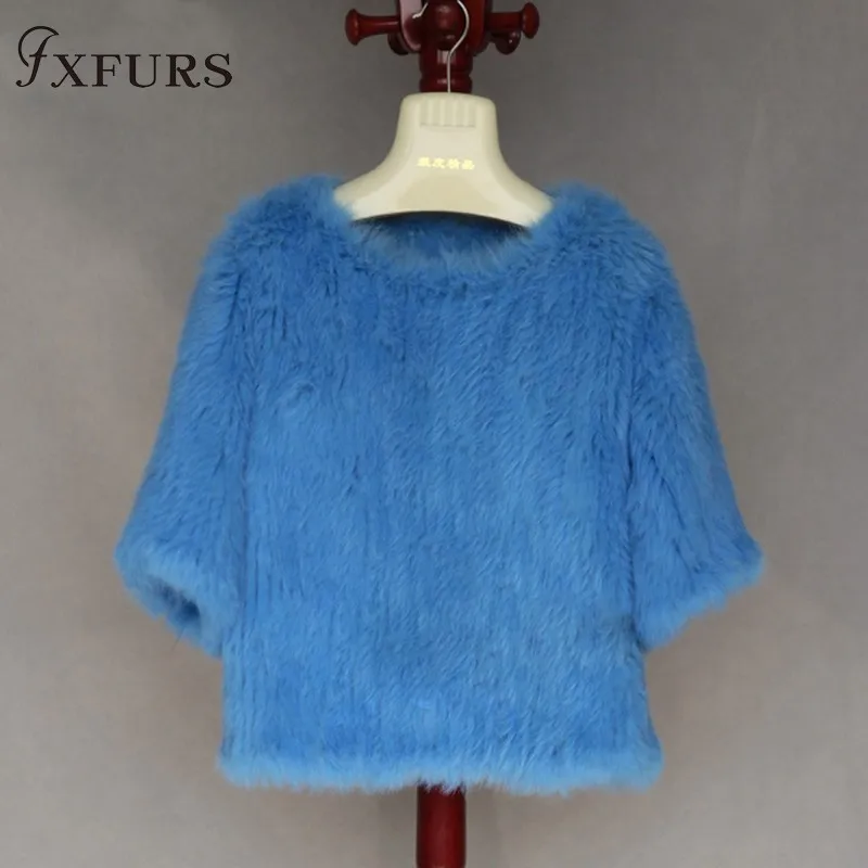 FXFURS роскошное вязаное пальто из кроличьего меха женская куртка из натурального кроличьего меха Меховой жилет из кроличьего меха пуловер для девочек 9 цветов - Цвет: sky blue