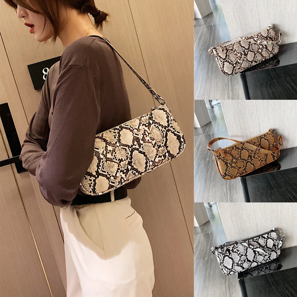 

Snake Pattern Women's Handbag Retro Girl Snake Leather Bag Shoulder Bag Zipper Tote Bag 2021 New