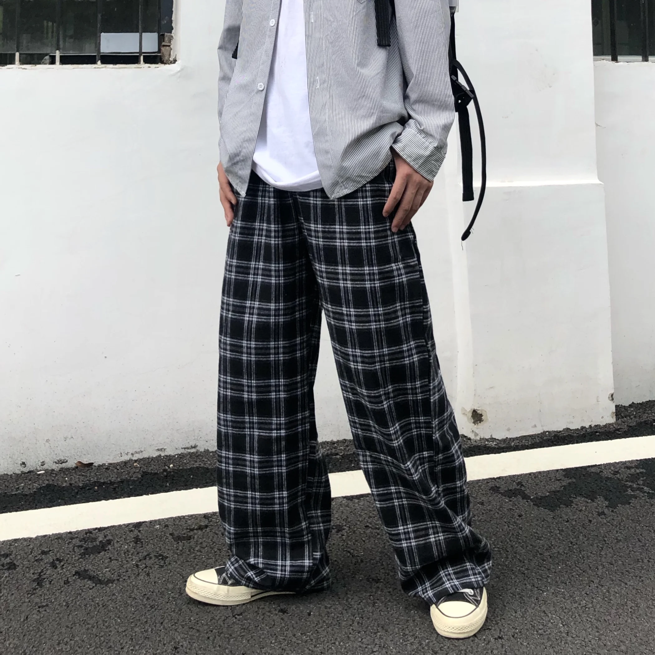 

Wide Leg Pants Men's Large Korean Version Of Summer Chic Fashion Black Plaid Trousers High Waist Pocket Men And Women Streetwear