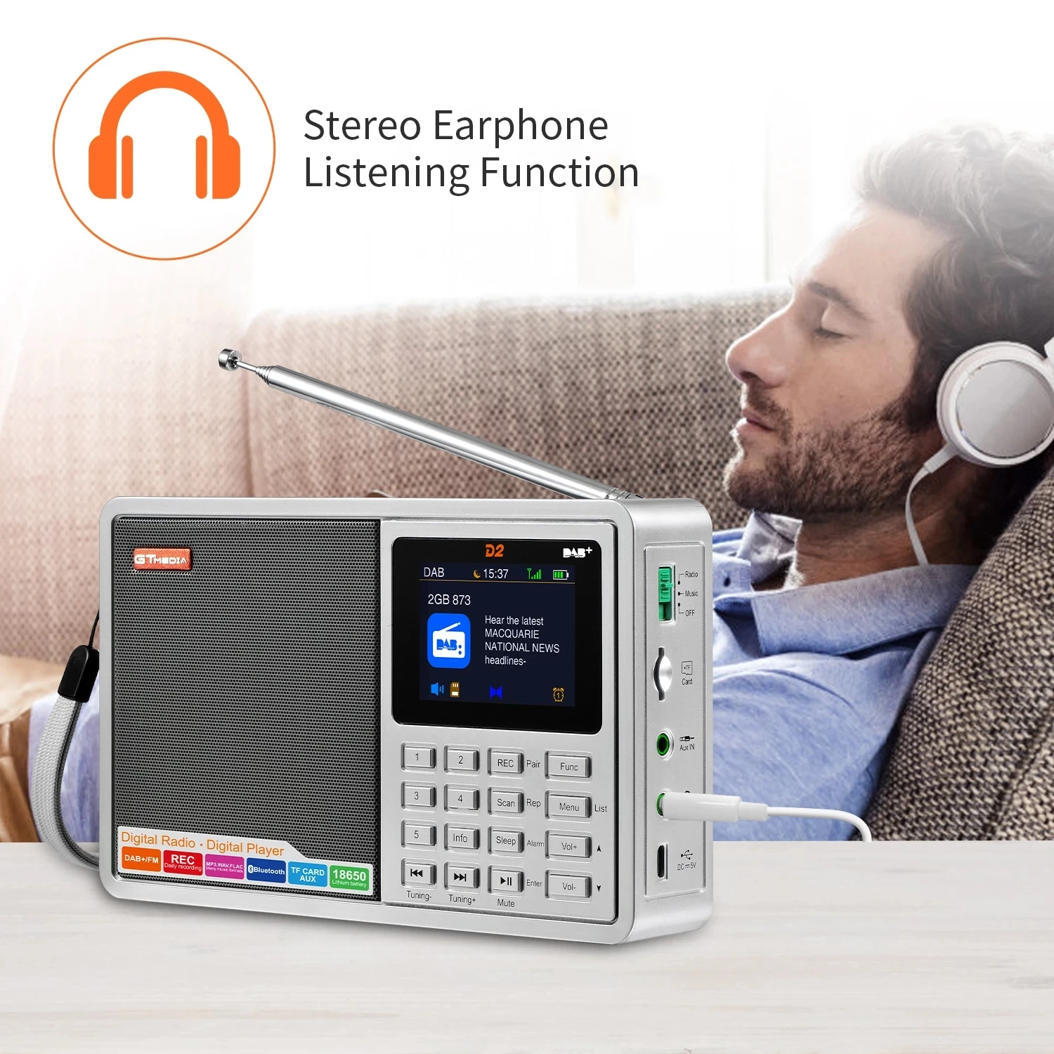 

Цифровой радиоприемник GTMEDIA D2 DAB + радио плеер Поддержка FM/DAB ежедневная запись на TF-карту BT V2.1 + EDR