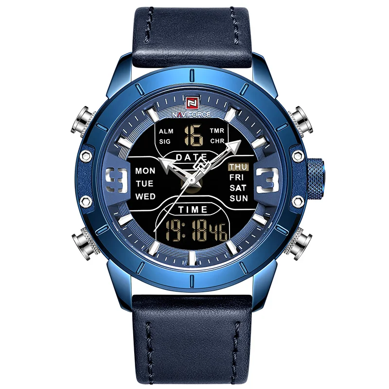 L-Blue Мужские часы naviforce Роскошные брендовые кожаные водонепроницаемые кварцевые мужские часы Военные аналого-цифровые часы мужские Relogio Masculino - Цвет: L-Blue