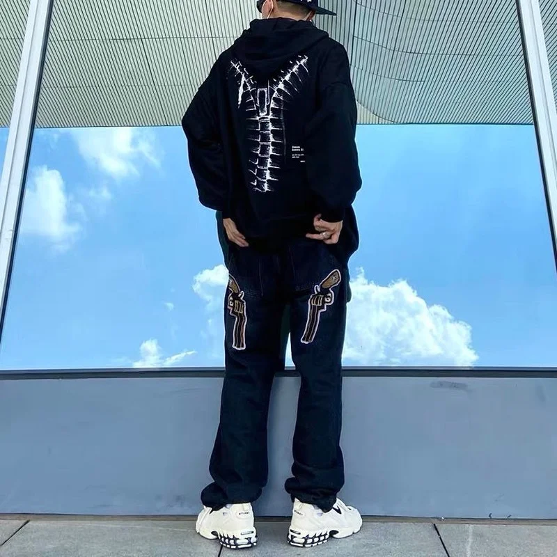 

Мужские и женские джинсы с вышивкой пистолет и звезд модные уличные свободные прямые широкие брюки в стиле хип-хоп повседневные брюки