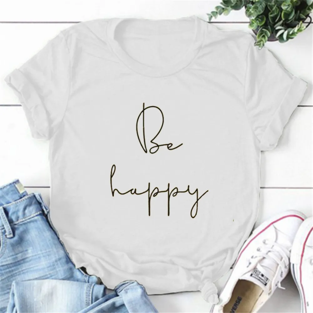 

Женская футболка с надписью Be Happy, летняя повседневная футболка с коротким рукавом в стиле Харадзюку