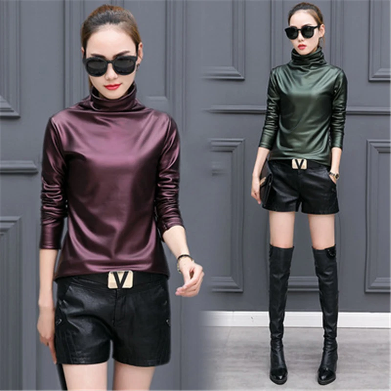 New Spring Autumn Women's Clothing Long Sleeve Turtleneck PU Leather Pullover Fleece Warm 2022 Lady Trendy Tops Female  281