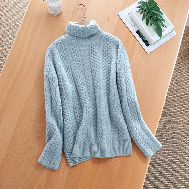 High collar cashmere sweater female thick loose pullover twisted knit bottoming large size women's clothing | Женская одежда