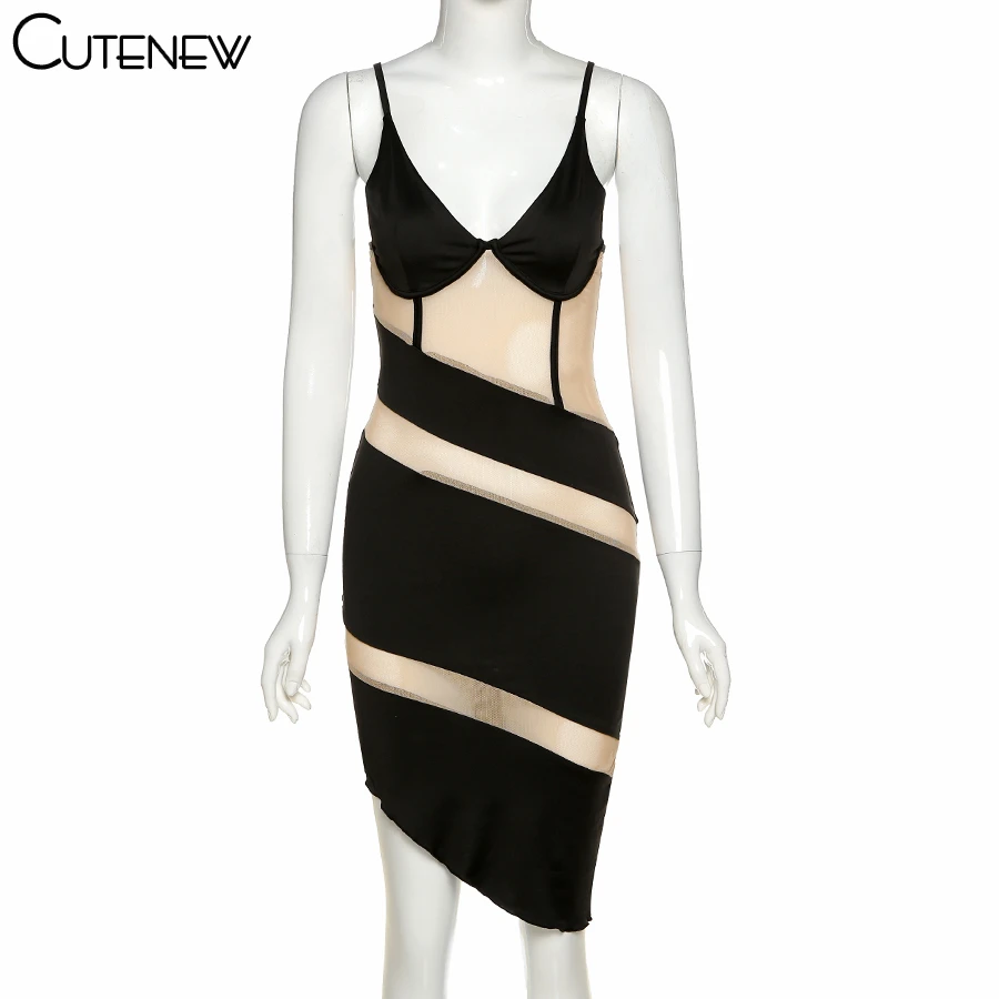 

Cutenew Spring Fall Sexy Mesh Patchwork Y2K Bodycon Women's Dress Sleeveless Hollow Out Split Fitness V-Neck Camisole Vestido