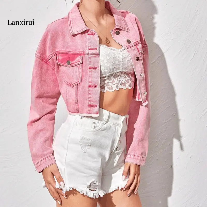 

Короткие Розовые топы, джинсовое пальто для женщин, укороченные джинсовые куртки в стиле пэчворк, женские укороченные джинсы, демисезонная ...